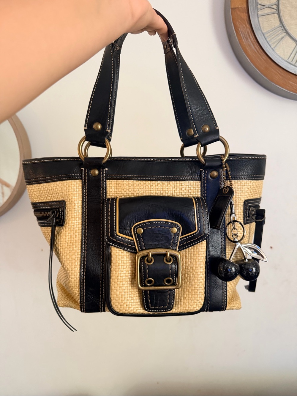 Vintage Coach Legacy Straw & Leather Satchel Tote Handbag, Black/Cream MO5K-113